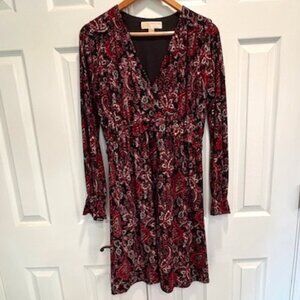 Micheal Kors Shirred Ruffled Paisley Long Sleeved Dress, Size Small